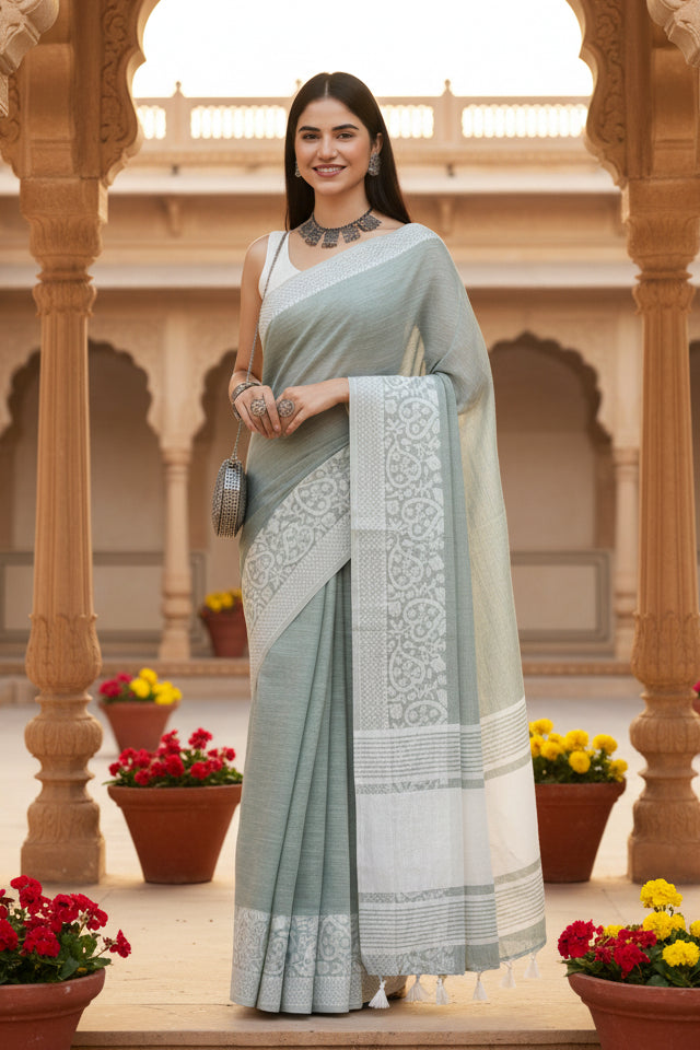 Women's Linen Printed Saree With Unstitched Blouse 5.5Mtr (Sea Green)