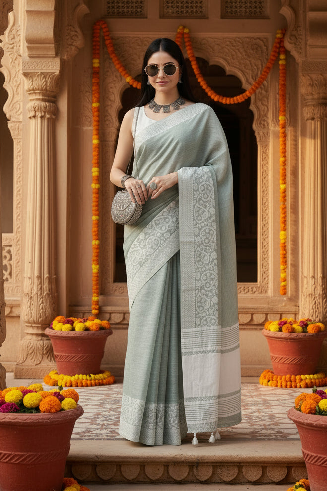 Women's Linen Printed Saree With Unstitched Blouse 5.5Mtr (Sea Green)
