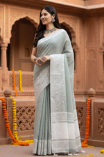 Load image into Gallery viewer, Women's Linen Printed Saree With Unstitched Blouse 5.5Mtr (Sea Green)
