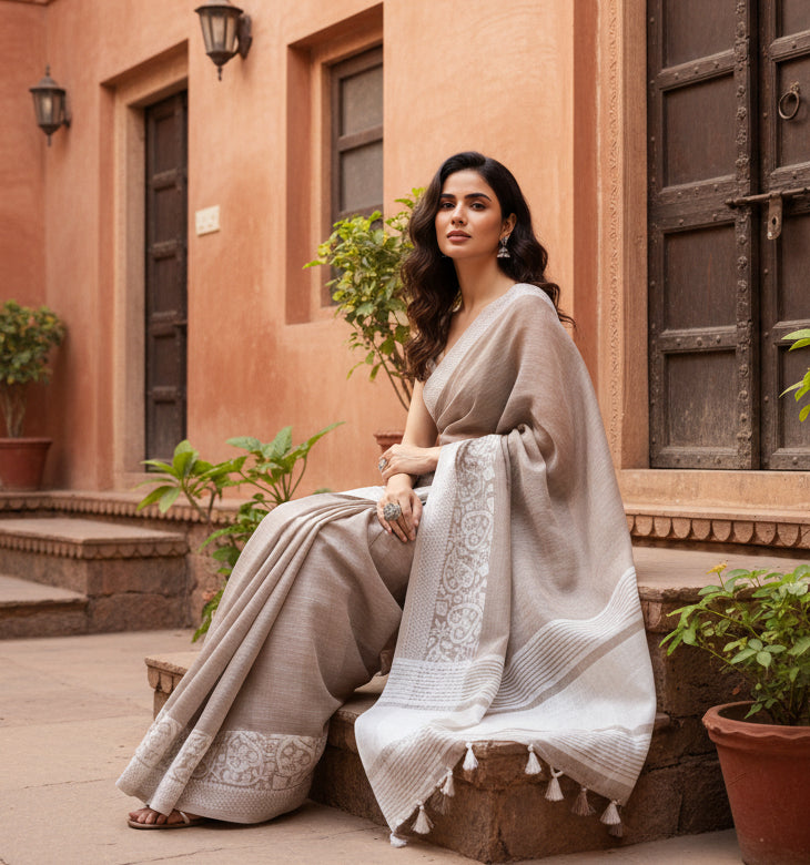 Women's Linen Printed Saree With Unstitched Blouse 5.5Mtr (Beige)