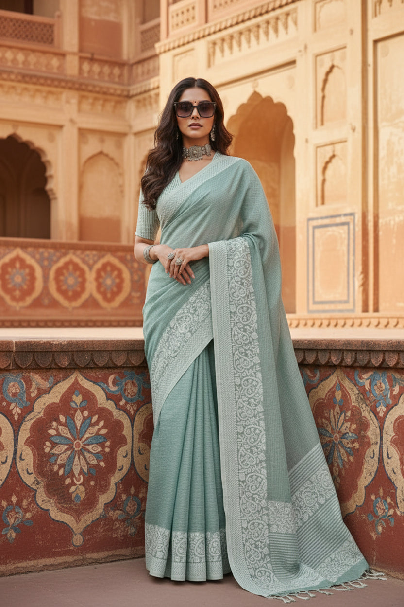 Women's Linen Printed Saree With Unstitched Blouse 5.5Mtr (Sea Green)