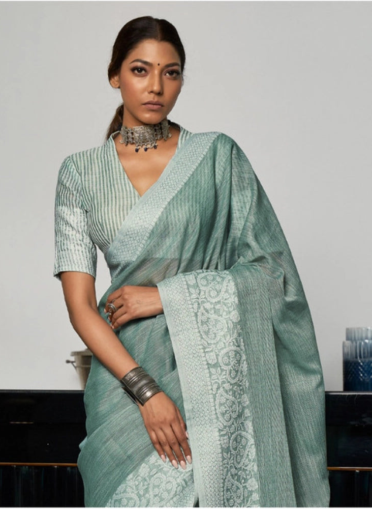 Women's Linen Printed Saree With Unstitched Blouse 5.5Mtr (Sea Green)