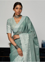 Load image into Gallery viewer, Women's Linen Printed Saree With Unstitched Blouse 5.5Mtr (Sea Green)
