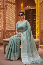 Load image into Gallery viewer, Women's Linen Printed Saree With Unstitched Blouse 5.5Mtr (Sea Green)
