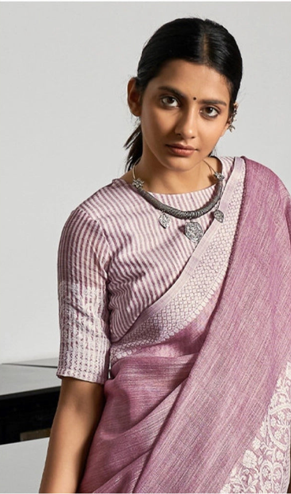 Women's Linen Printed Saree With Unstitched Blouse 5.5Mtr (Purple)