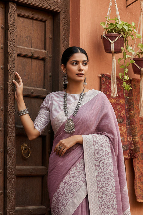 Pid 65283 women s linen printed saree with unstitched blouse 5 5 mtr purple 4 1000x1000
