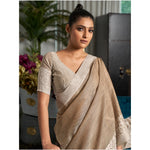 Load image into Gallery viewer, Women's Linen Printed Saree With Unstitched Blouse 5.5Mtr (Beige)
