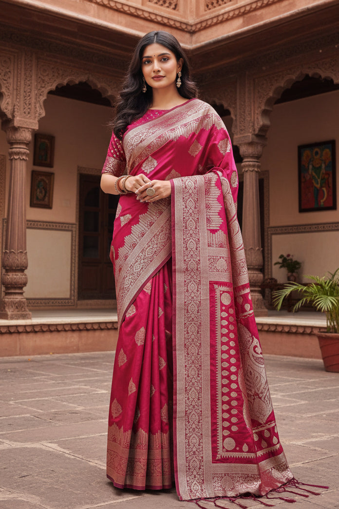 Women's silk printed saree with unstitched blouse 5
