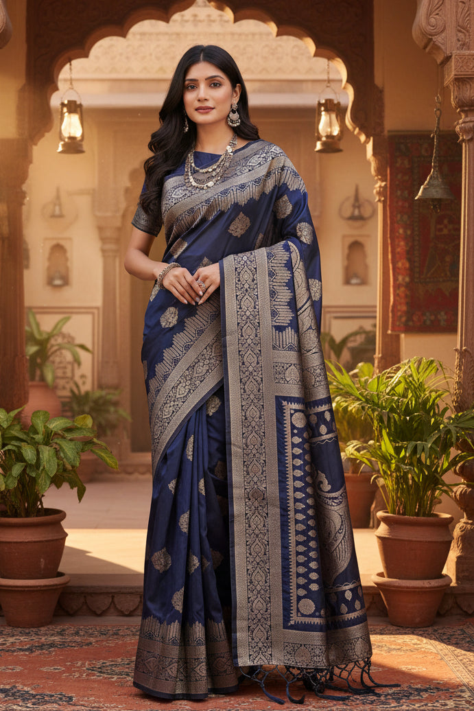 Women's Silk Printed Saree With Unstitched Blouse 5.5Mtr (Navy Blue)