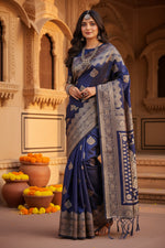 Load image into Gallery viewer, Women's Silk Printed Saree With Unstitched Blouse 5.5Mtr (Navy Blue)
