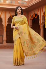 Load image into Gallery viewer, Women's Linen Cotton Printed Saree With Unstitched Blouse 5.5Mtr (Yellow)
