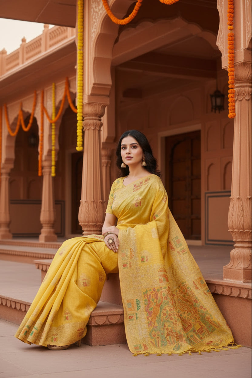 Women's linen cotton printed saree with unstitched blouse 5