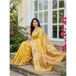 Load image into Gallery viewer, Women's Linen Cotton Printed Saree With Unstitched Blouse 5.5Mtr (Yellow)
