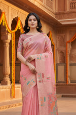 Load image into Gallery viewer, Women's Linen Cotton Printed Saree With Unstitched Blouse 5.5Mtr (Pink)
