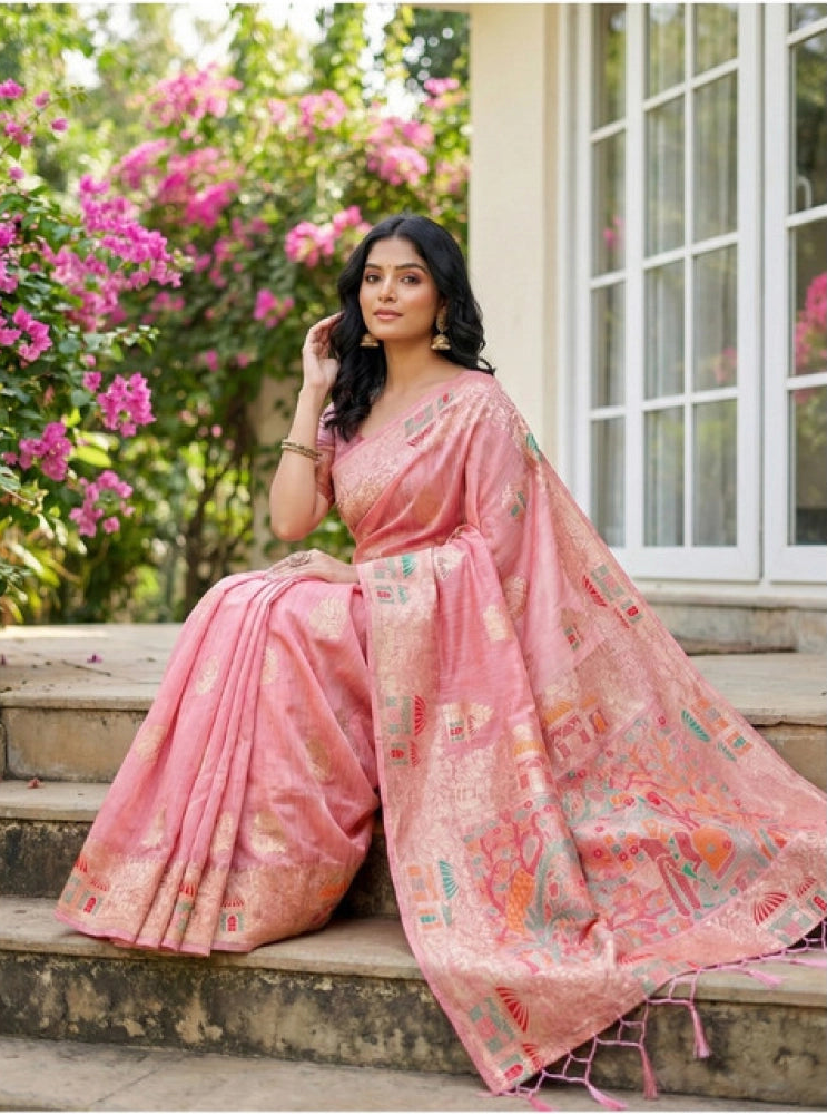 Pid 65292 women s linen cotton printed saree with unstitched blouse 5 5 mtr pink 4 1000x1000