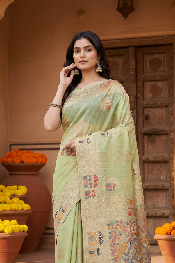 Women's Linen Cotton Printed Saree With Unstitched Blouse 5.5Mtr (Light Green)