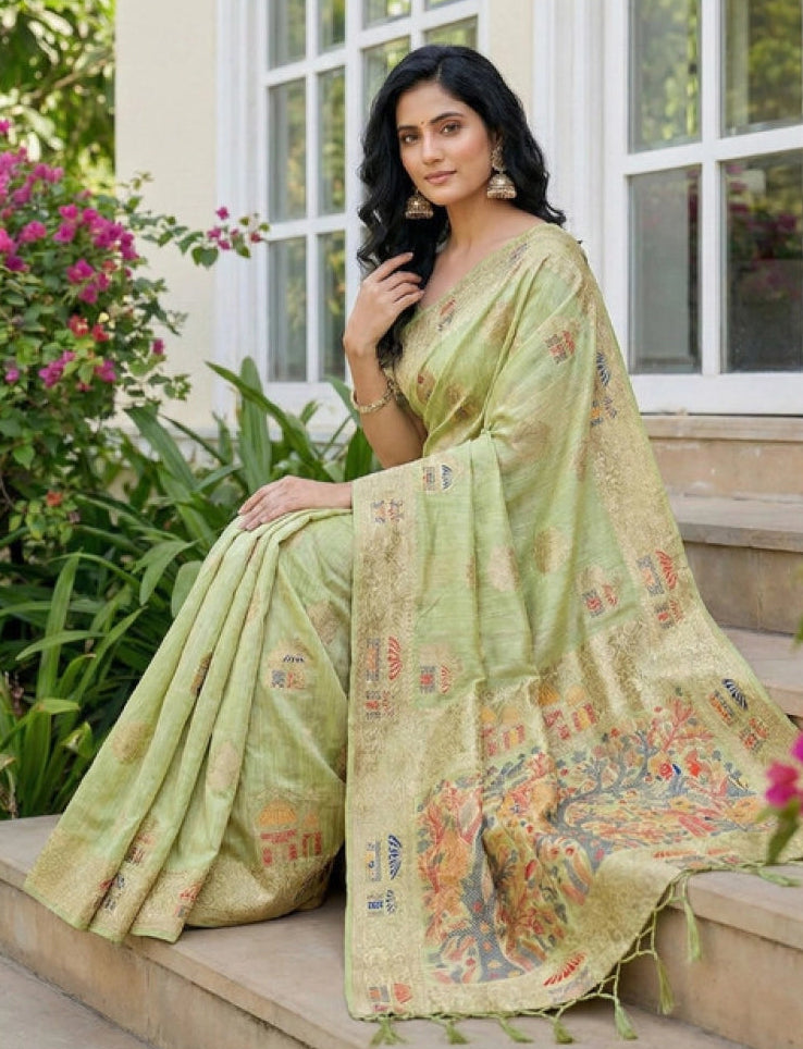 Women's Linen Cotton Printed Saree With Unstitched Blouse 5.5Mtr (Light Green)