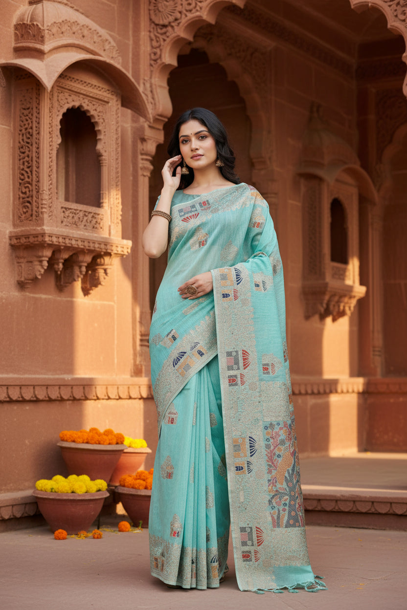 Women's Linen Cotton Printed Saree With Unstitched Blouse 5.5Mtr (Sky Blue)