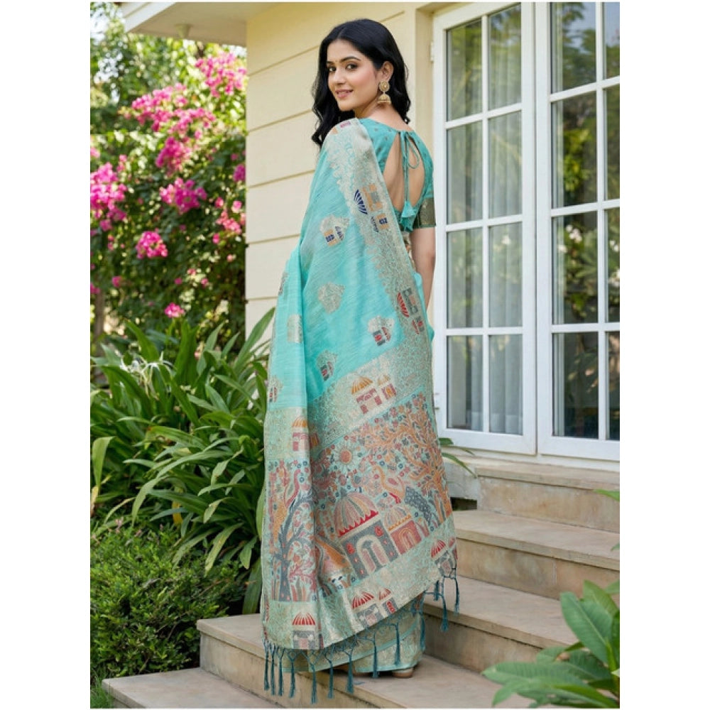 Women's linen cotton printed saree with unstitched blouse 5