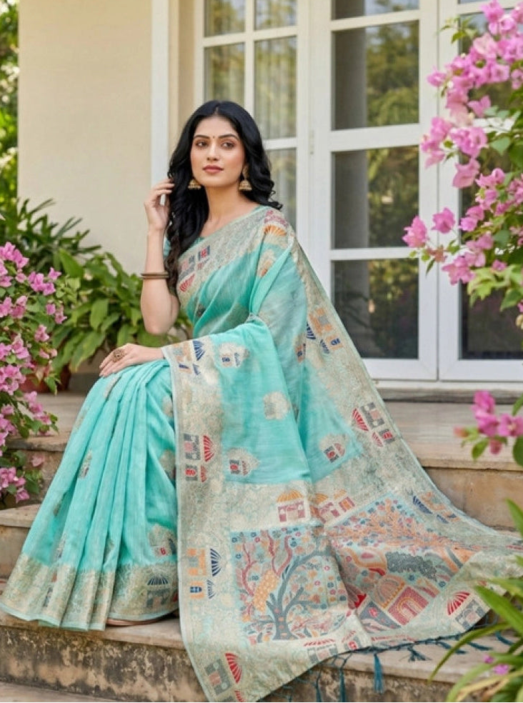 Women's Linen Cotton Printed Saree With Unstitched Blouse 5.5Mtr (Sky Blue)