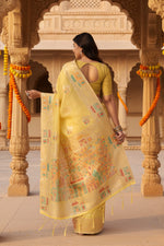 Load image into Gallery viewer, Women's Linen Cotton Printed Saree With Unstitched Blouse 5.5Mtr (Yellow)

