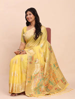 Load image into Gallery viewer, Women's Linen Cotton Printed Saree With Unstitched Blouse 5.5Mtr (Yellow)
