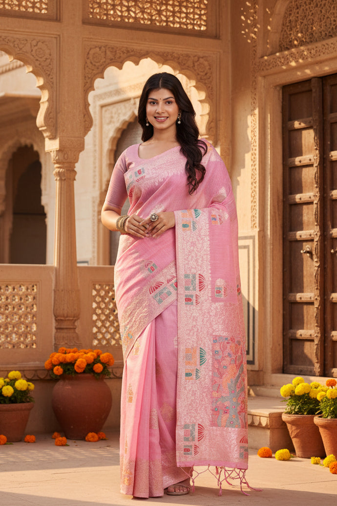 Women's Linen Cotton Printed Saree With Unstitched Blouse 5.5Mtr (Pink)