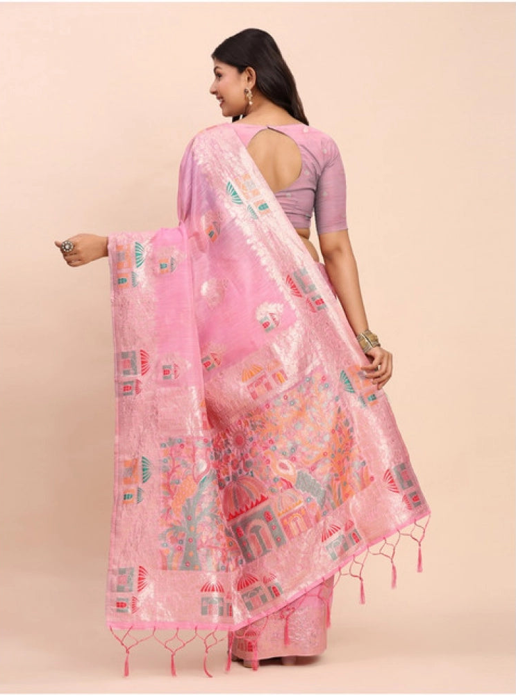 Women's Linen Cotton Printed Saree With Unstitched Blouse 5.5Mtr (Pink)