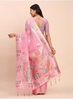 Load image into Gallery viewer, Women's Linen Cotton Printed Saree With Unstitched Blouse 5.5Mtr (Pink)
