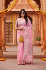 Load image into Gallery viewer, Women's Linen Cotton Printed Saree With Unstitched Blouse 5.5Mtr (Pink)
