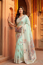 Load image into Gallery viewer, Women's Linen Cotton Printed Saree With Unstitched Blouse 5.5Mtr (Sea Green)
