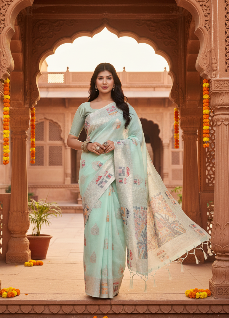 Women's Linen Cotton Printed Saree With Unstitched Blouse 5.5Mtr (Sea Green)