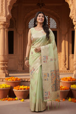 Load image into Gallery viewer, Women's Linen Cotton Printed Saree With Unstitched Blouse 5.5Mtr (Light Green)
