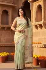 Load image into Gallery viewer, Women's Linen Cotton Printed Saree With Unstitched Blouse 5.5Mtr (Light Green)
