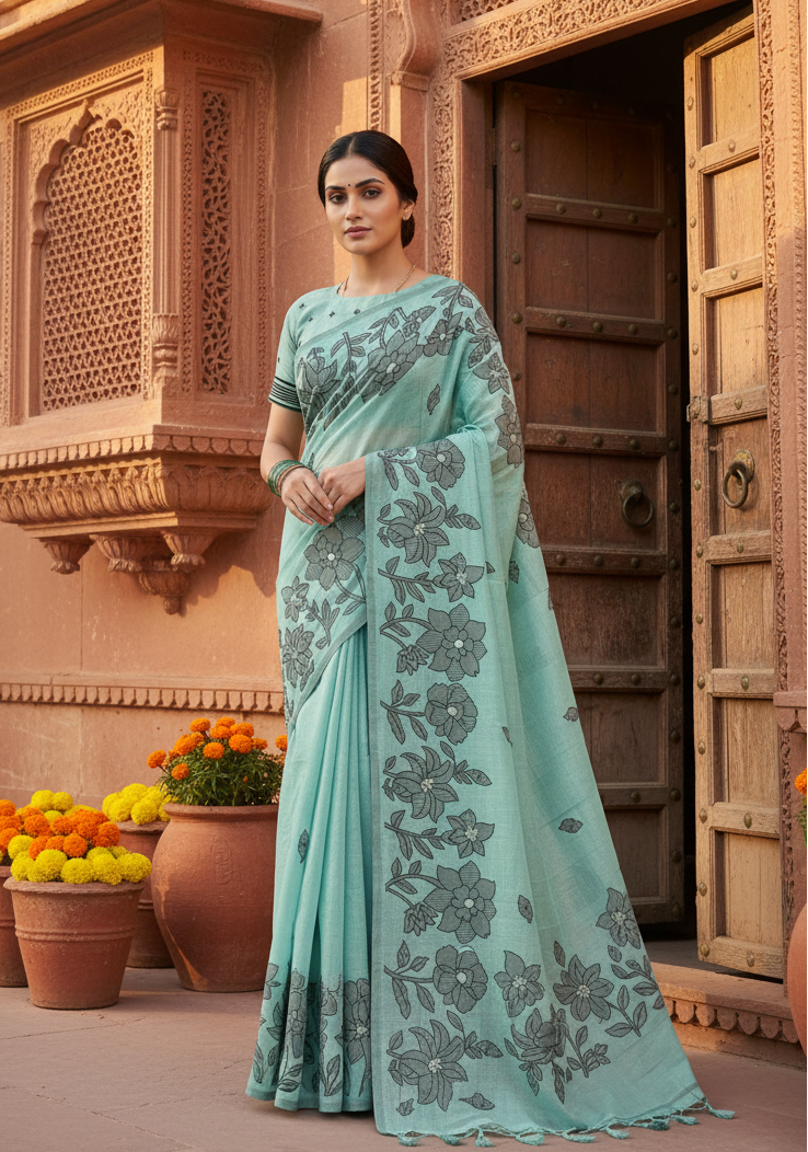 Women's Linen Cotton Printed Saree With Unstitched Blouse 5.5Mtr (Sea Green)