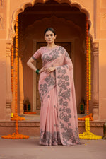Load image into Gallery viewer, Women's Linen Cotton Printed Saree With Unstitched Blouse 5.5Mtr (Peach)
