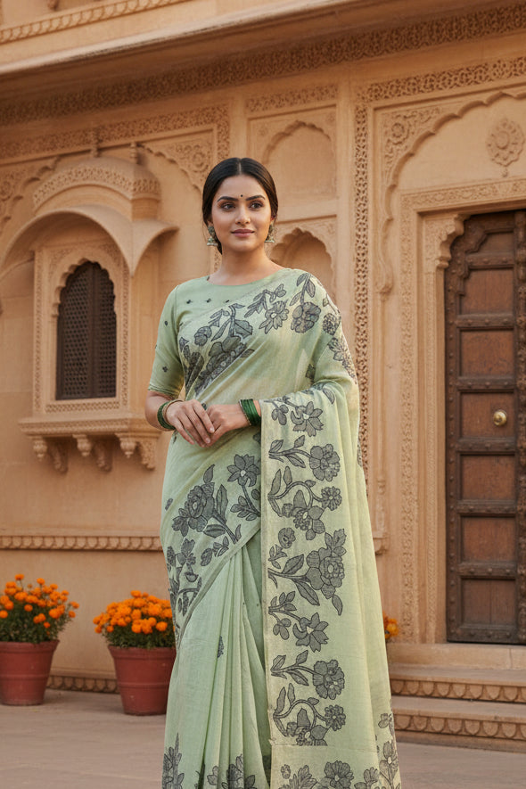 Pid 65301 women s linen cotton printed saree with unstitched blouse 5 5 mtr light green 1 1000x1000