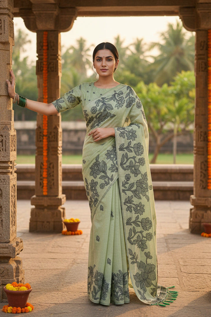 Women's Linen Cotton Printed Saree With Unstitched Blouse 5.5Mtr (Light Green)