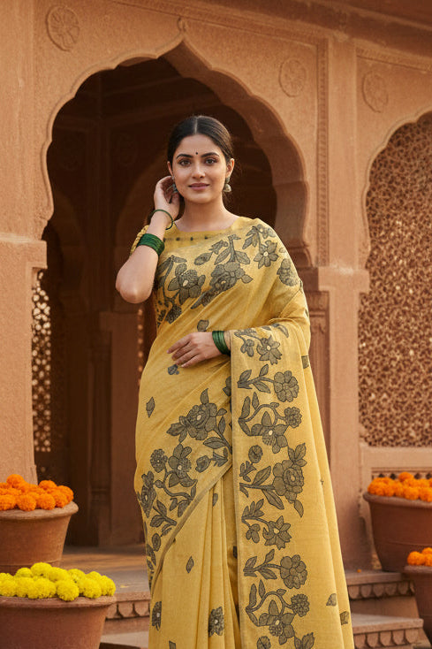 Women's Linen Cotton Printed Saree With Unstitched Blouse 5.5Mtr (Yellow)