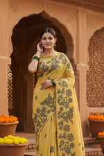 Load image into Gallery viewer, Women's Linen Cotton Printed Saree With Unstitched Blouse 5.5Mtr (Yellow)
