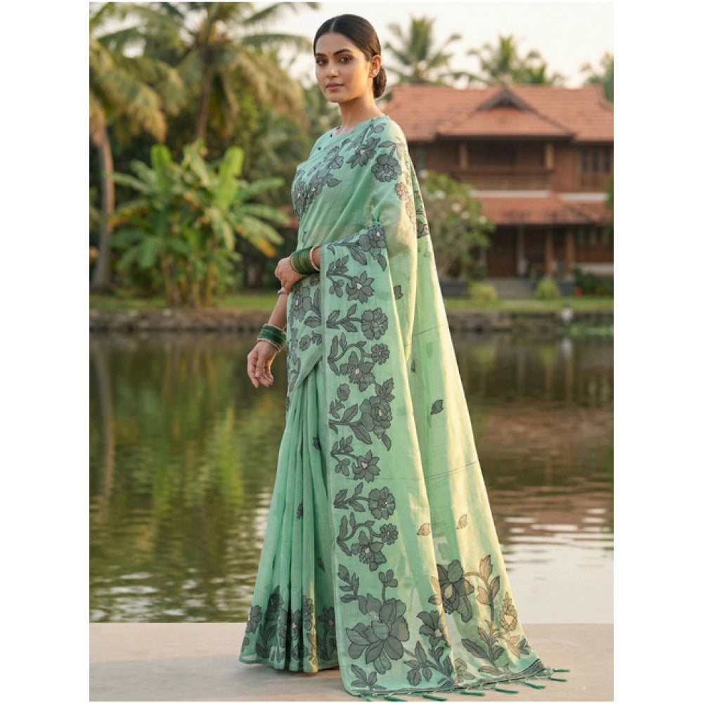 Women's linen cotton printed saree with unstitched blouse 5