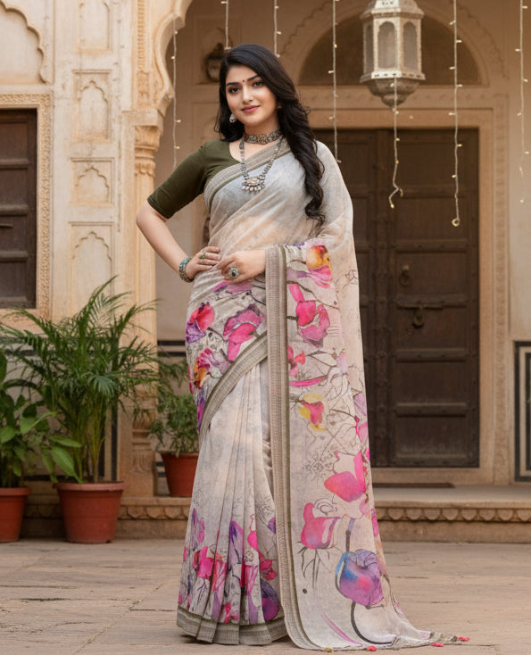 Women's Georgette Floral Printed Saree With Unstitched Blouse 5.5Mtr (Beige)