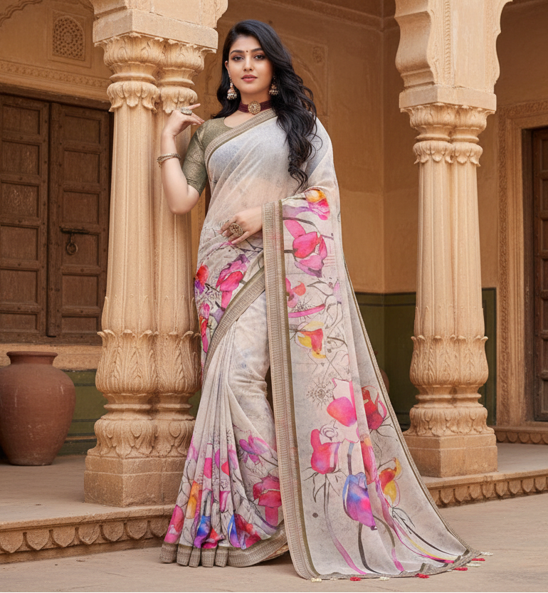 Women's Georgette Floral Printed Saree With Unstitched Blouse 5.5Mtr (Beige)