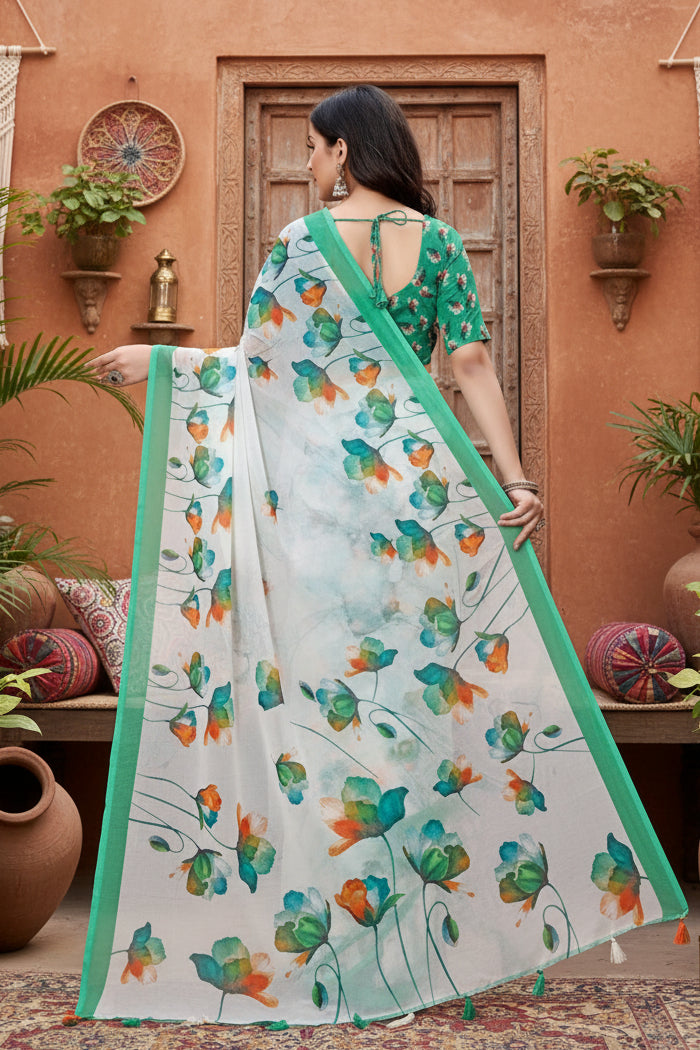 Women's Georgette Floral Printed Saree With Unstitched Blouse 5.5Mtr (Green)