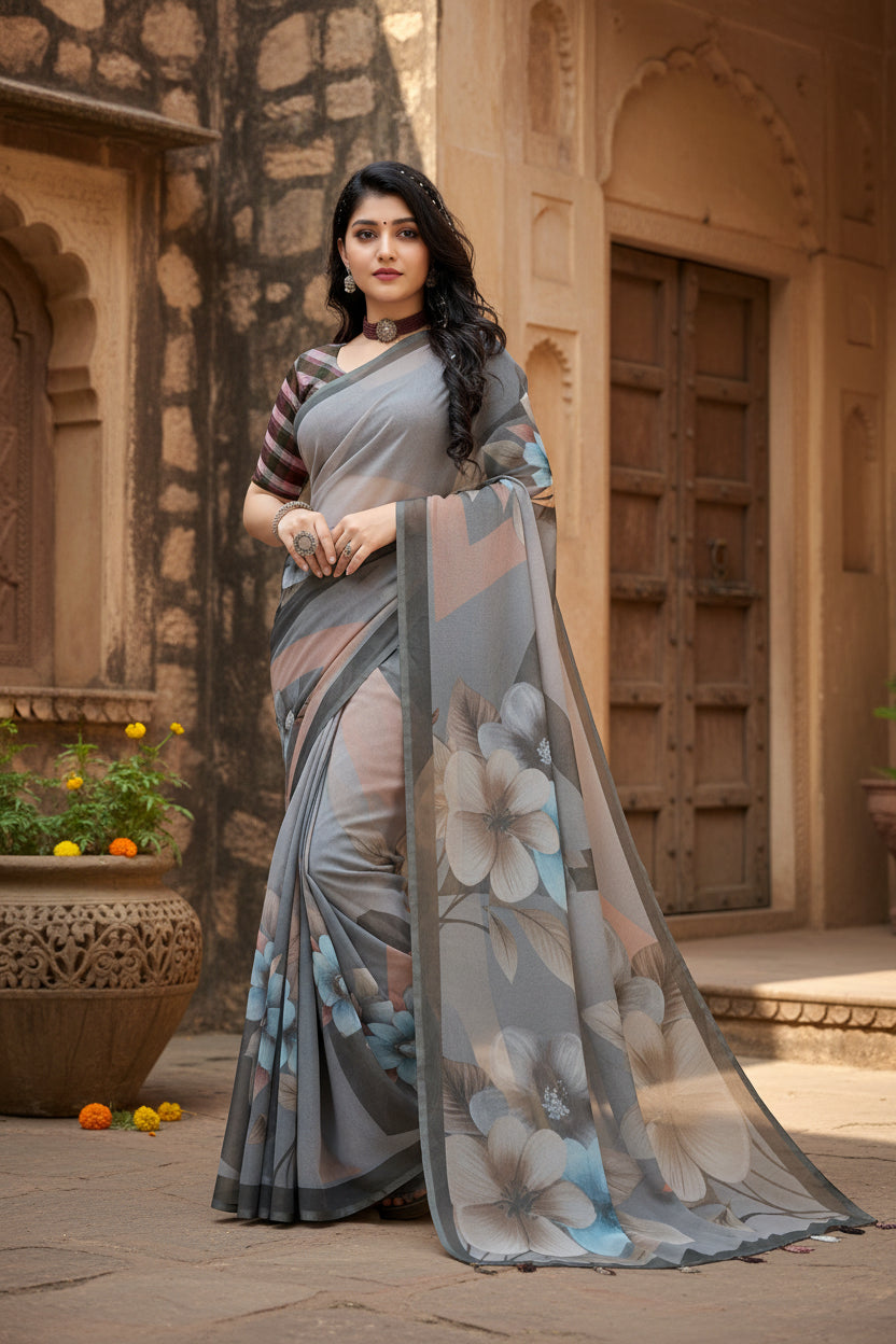Women's Georgette Floral Printed Saree With Unstitched Blouse 5.5Mtr (Grey)
