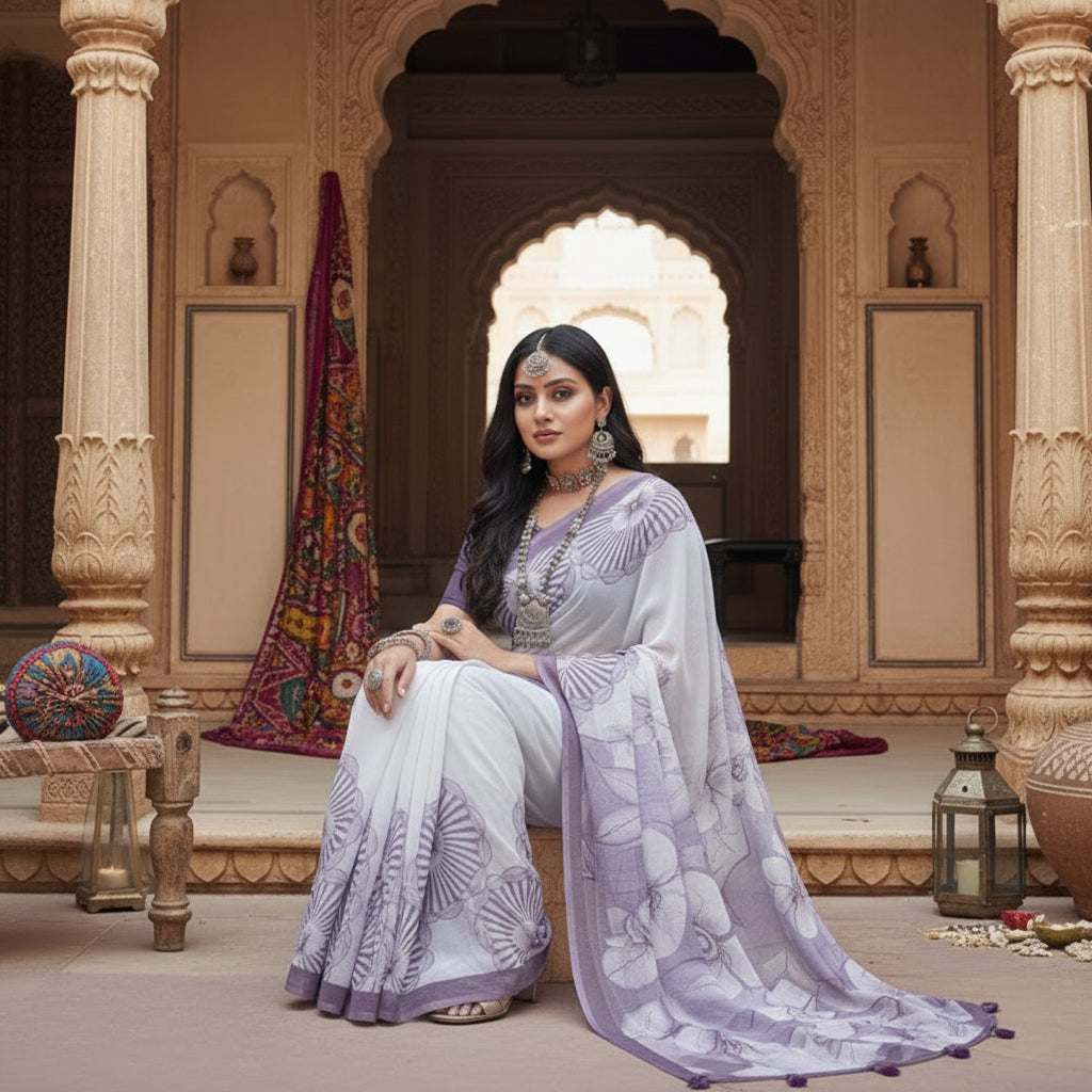 Women's georgette floral printed saree with unstitched blouse 5