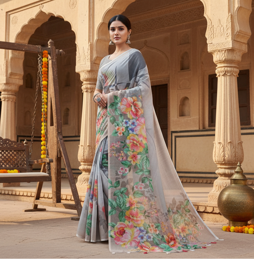 Women's georgette floral printed saree with unstitched blouse 5