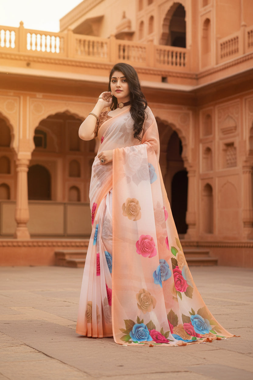 Women's Georgette Floral Printed Saree With Unstitched Blouse 5.5Mtr (Orange)