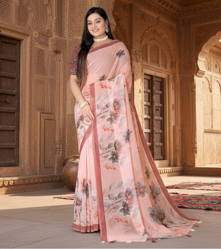 Women's Georgette Floral Printed Saree With Unstitched Blouse 5.5Mtr (Peach)