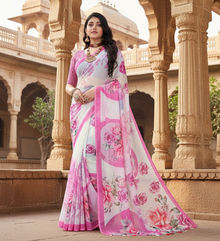 Women's georgette floral printed saree with unstitched blouse 5